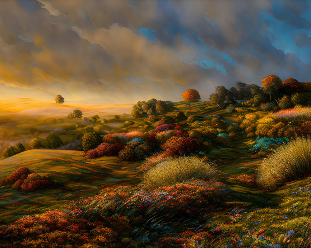 Colorful Foliage Adorns Rolling Hills Under Dynamic Sky