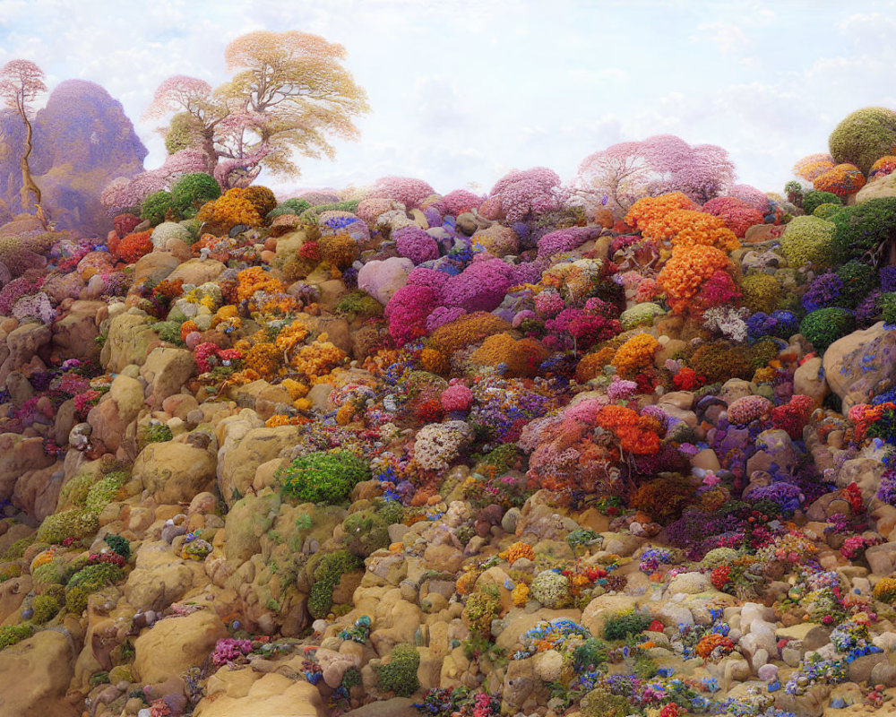 Colorful Blooming Trees and Flowers on Rocky Terrain Under Pastel Sky