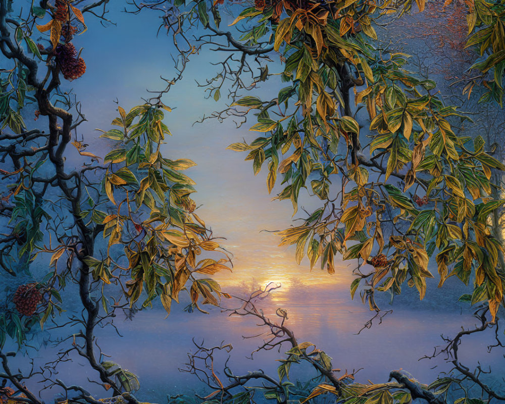 Tranquil winter lake at sunrise with frost-covered branches