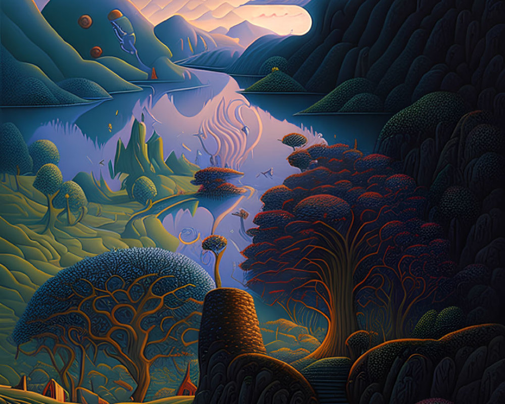 Vibrant surreal landscape with stylized trees and multiple moons