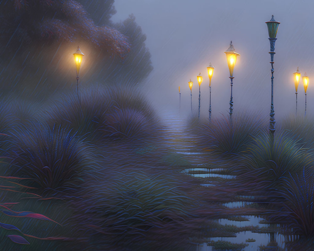 Tranquil rainy scene: glowing street lamps, lush flora, dusky sky