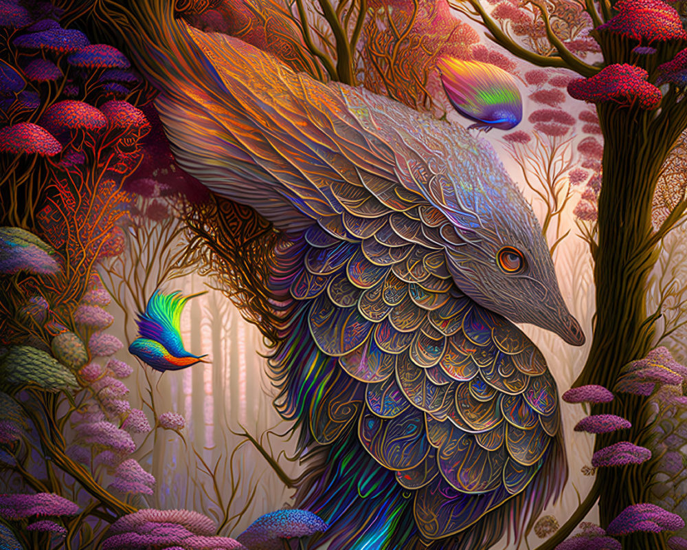 Colorful mythical bird illustration in lush forest with intricate feathers and purple flora.