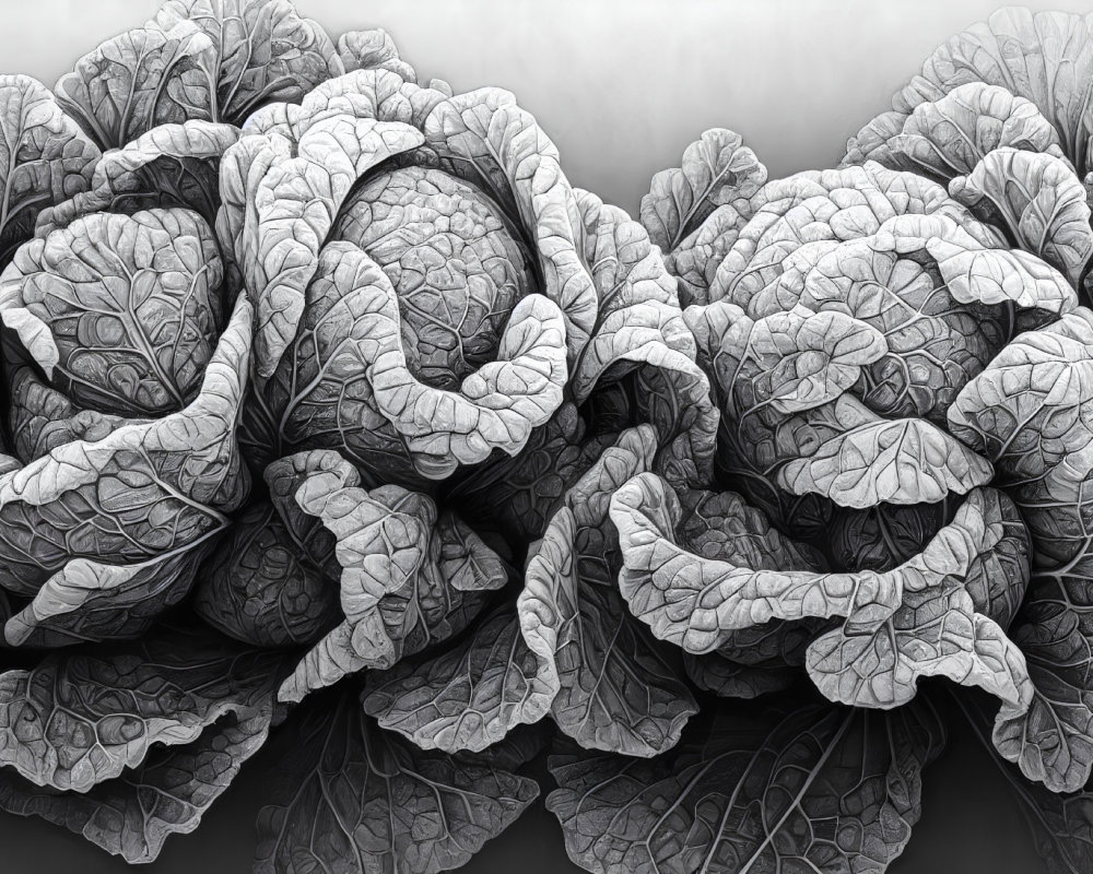 High-Contrast Grayscale Close-Up of Textured Leafy Vegetables