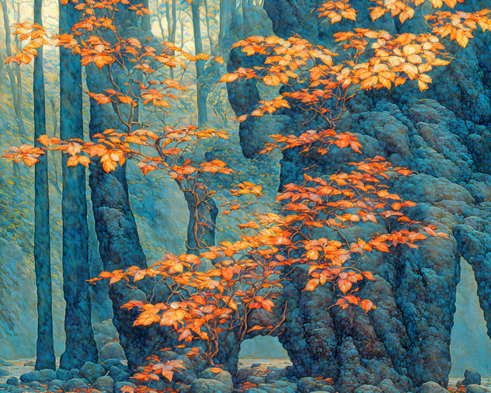 Vibrant forest scene with orange leaves and misty blue atmosphere