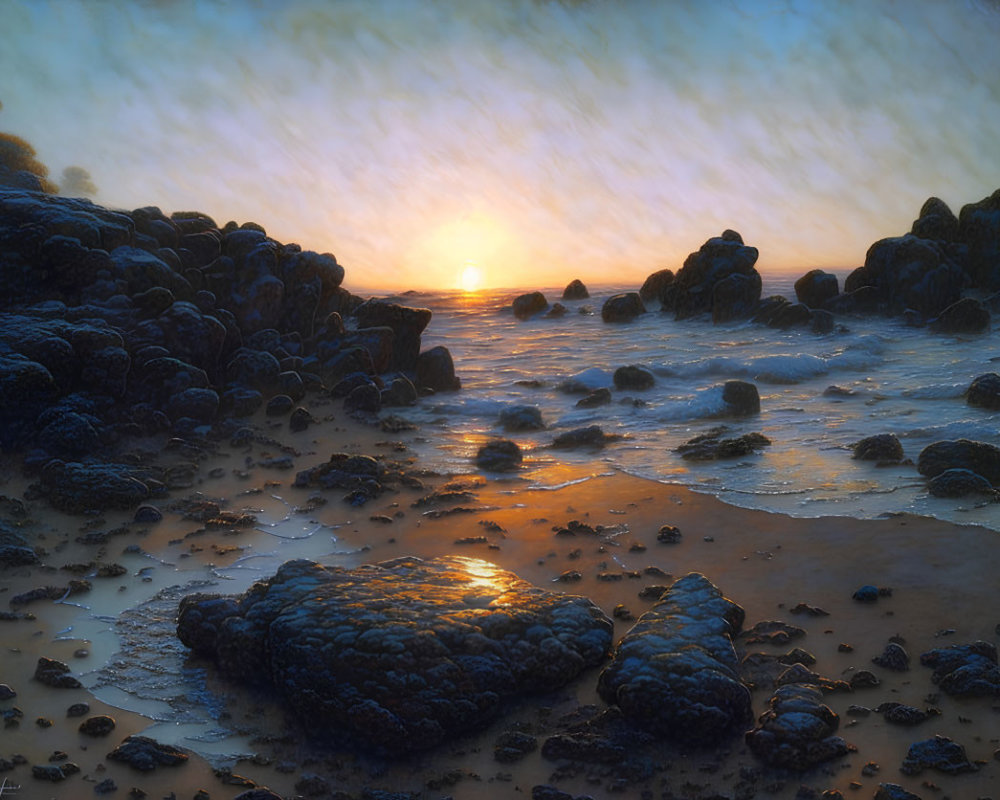 Sunset beach scene with reflections on wet sand and rocks under cloudy sky