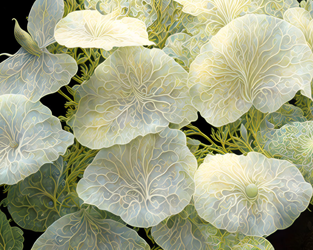 Intricately patterned green and white leaves on dark background