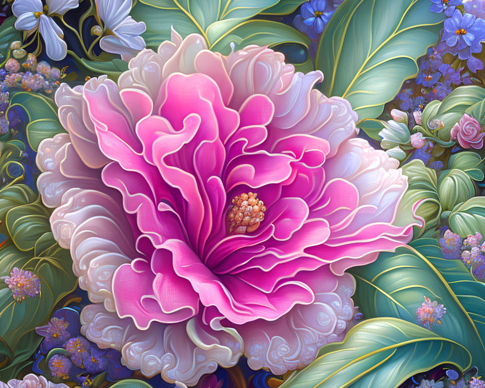 Colorful digital artwork: Large pink flower with blue and purple flowers and green foliage.