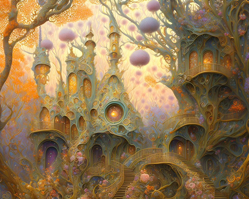 Intricate golden tree-like structures with purple foliage and floating orbs