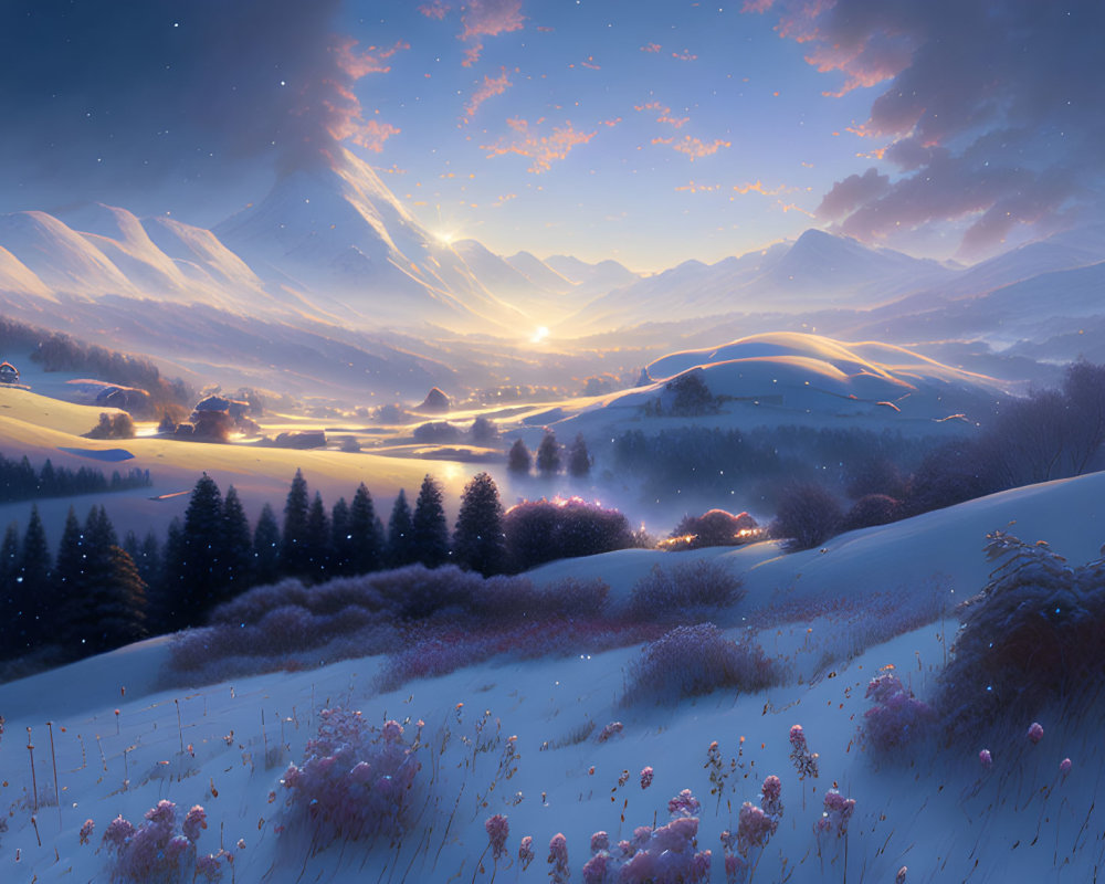 Snow-covered hills and village at sunrise in serene winter landscape