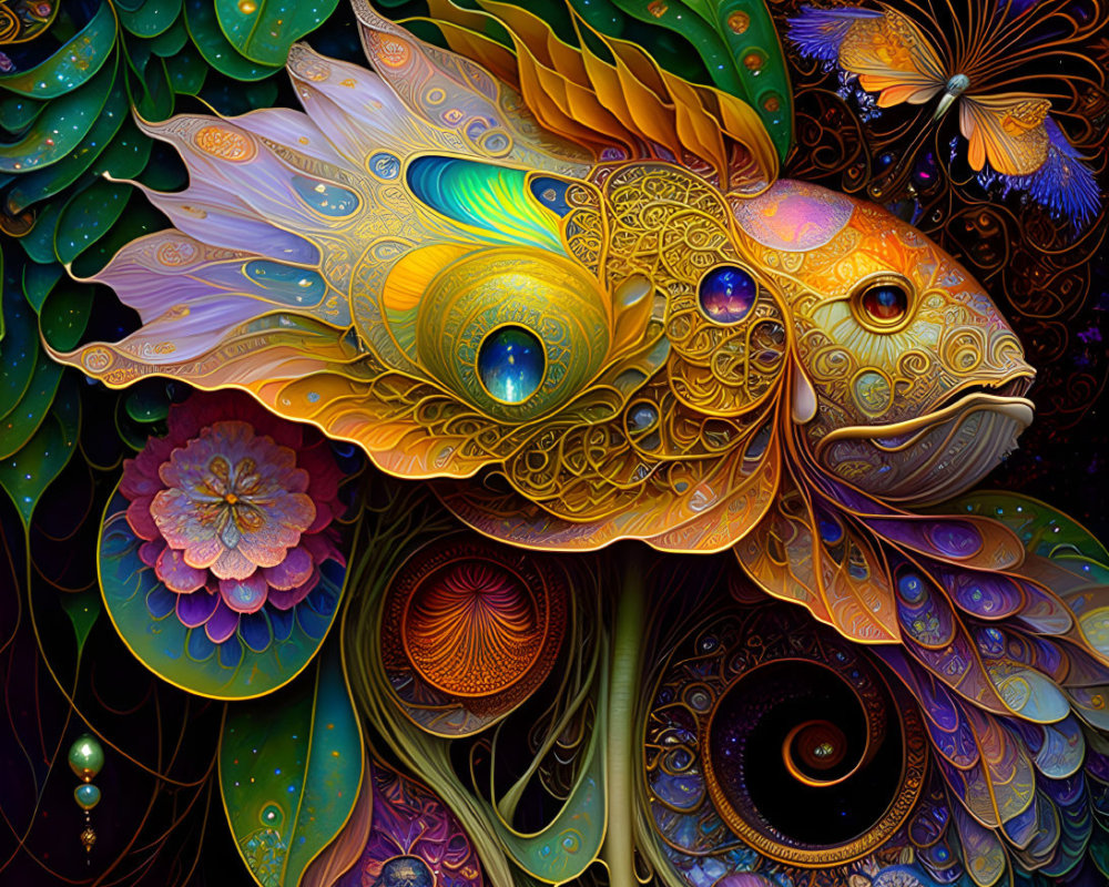 Colorful Psychedelic Fish Artwork with Intricate Patterns and Fantastical Flora