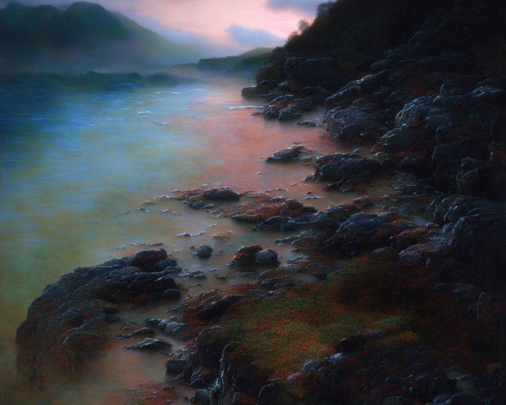 Rocky shoreline at twilight with moody skies and gentle waves.