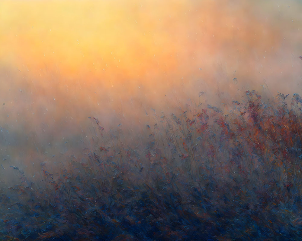 Misty Field Landscape with Blue and Orange Hues