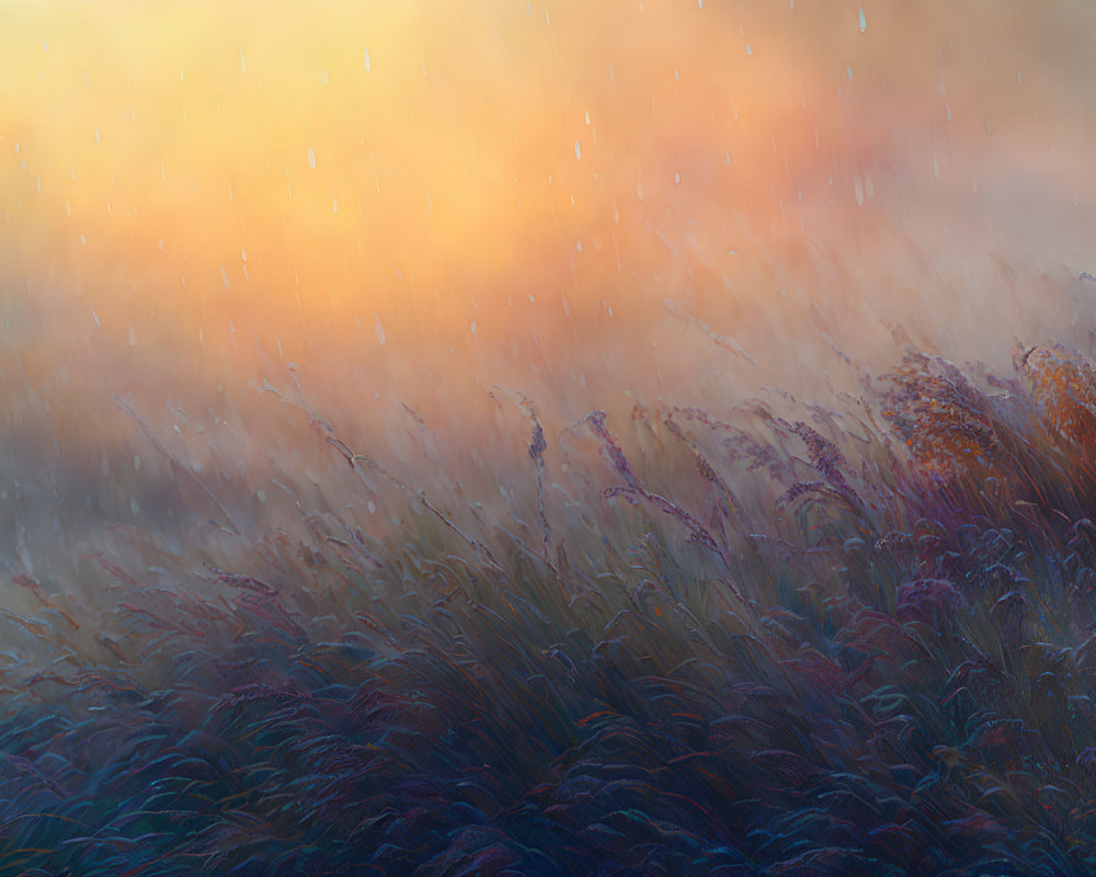 Vibrant tall grass field under warm sky with gentle rain ambiance