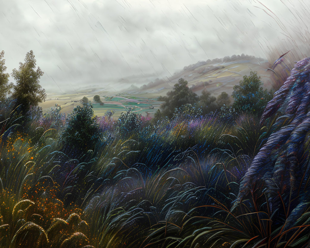 Vibrant countryside scene with colorful flora and misty hills in the rain