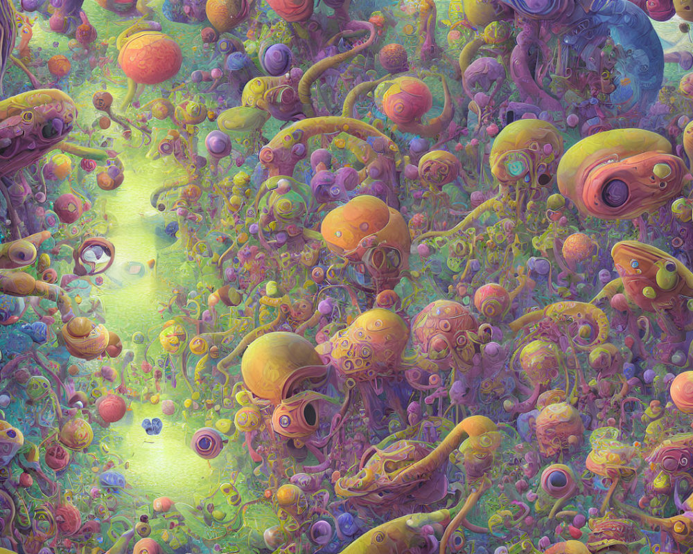 Colorful Cartoonish Landscape with Alien-Like Creatures and Spherical Objects