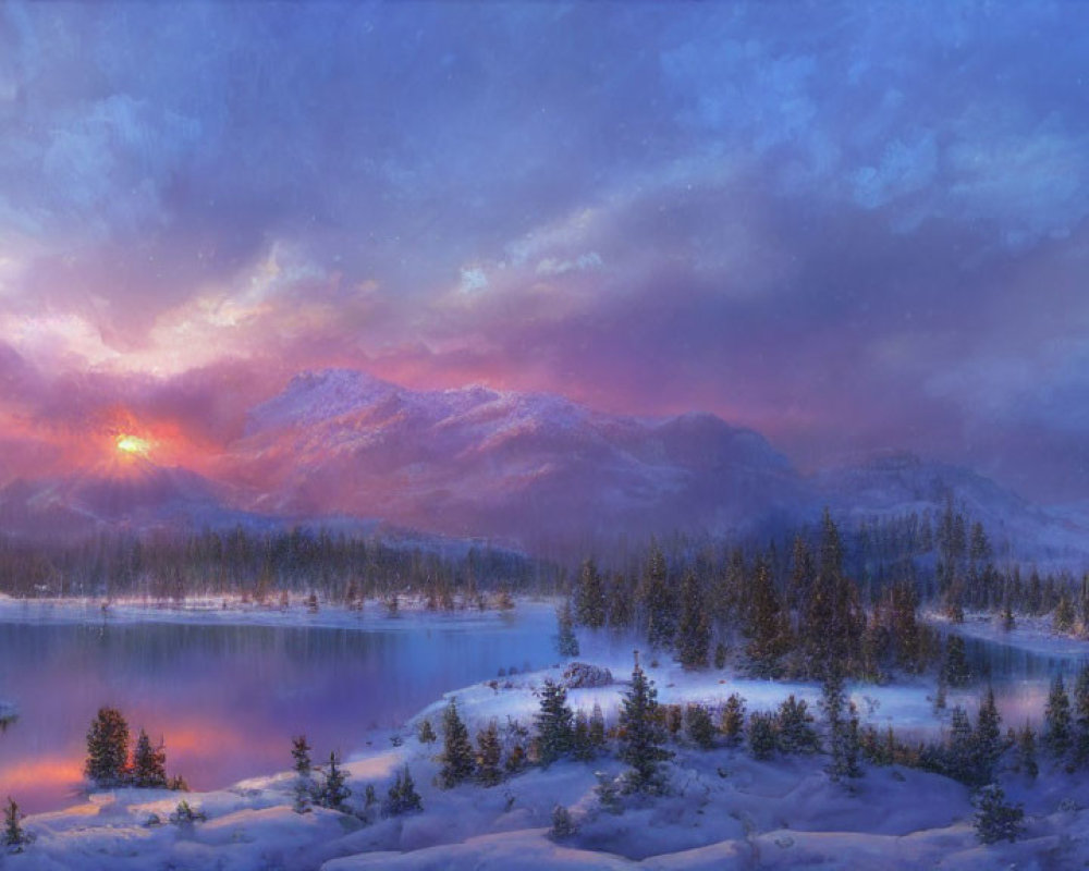 Snowy landscape at sunset: Lake, pine trees, mountains