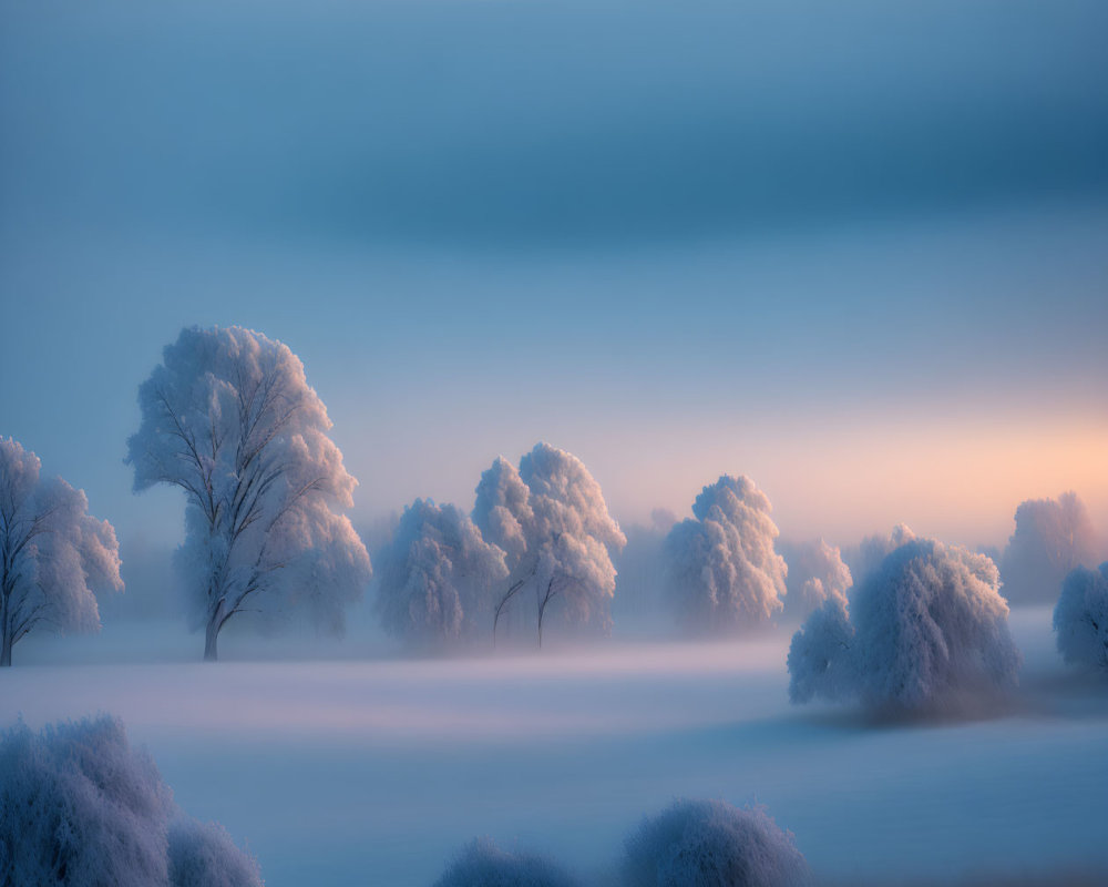 Snow-covered trees and shrubs in serene winter dusk landscape