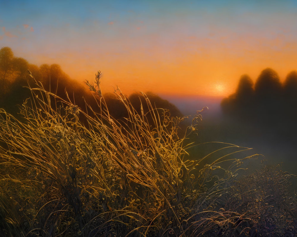 Scenic Sunset with Tall Grasses and Long Shadows