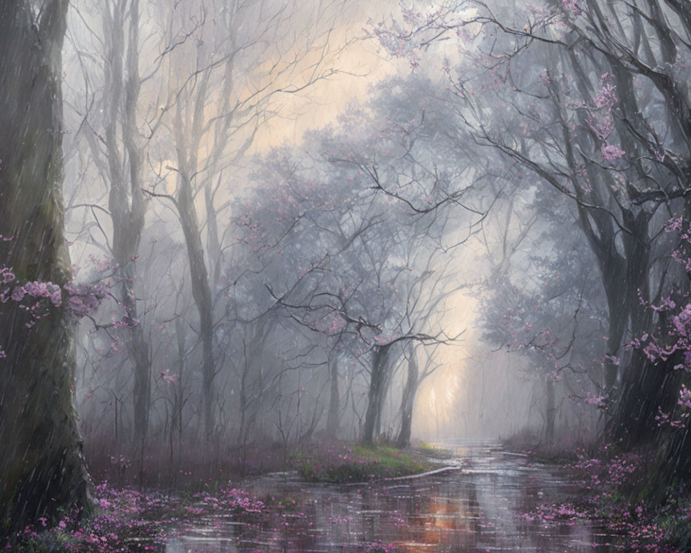 Misty woodland scene with winding path and pink blossoms