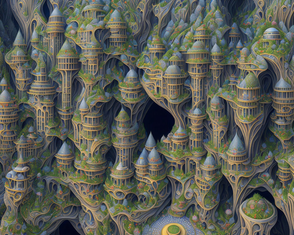 Detailed Fractal Image of Surreal Architecture in Blue and Brown