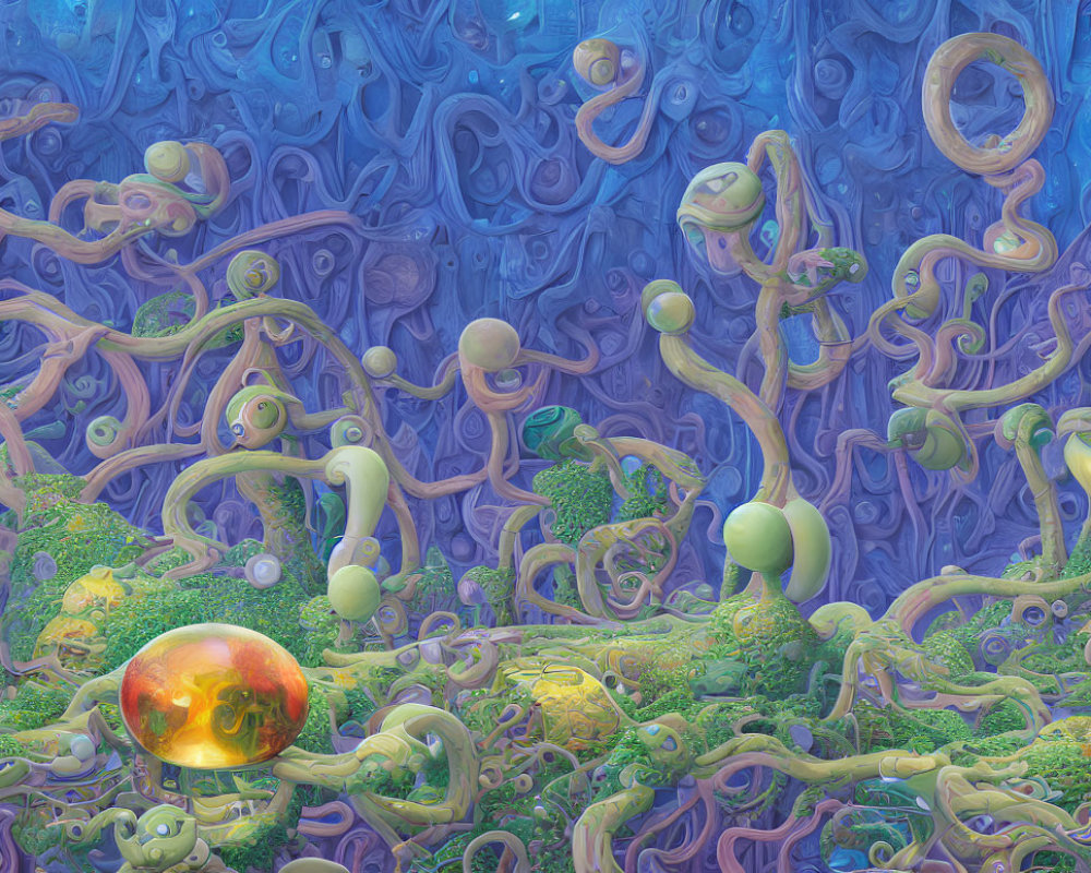 Vibrant multicolored alien vegetation with glowing orange sphere