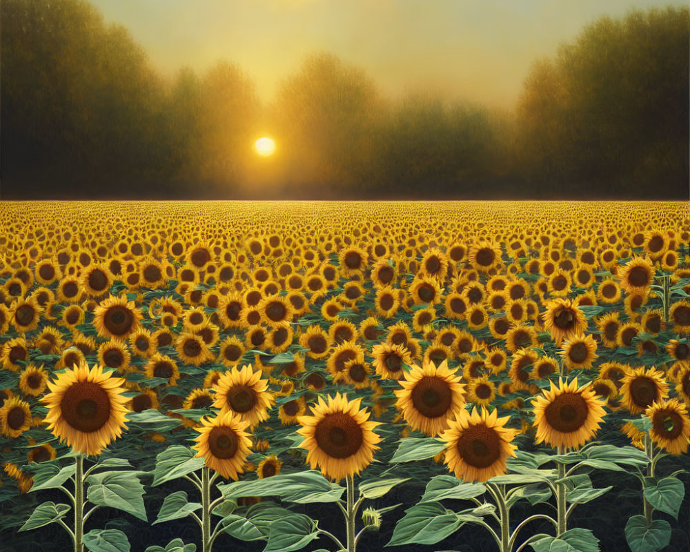 Sunflower Field and Forest at Sunrise