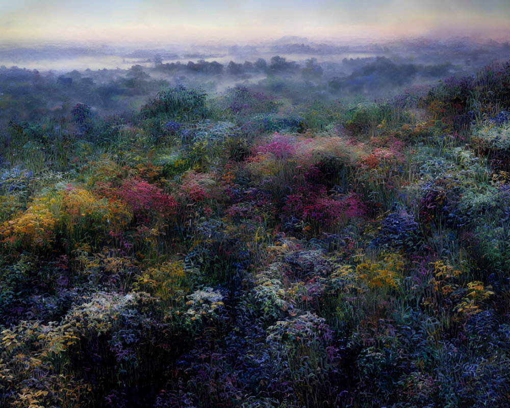 Colorful Wildflower Meadow at Misty Dawn with Purple Sky