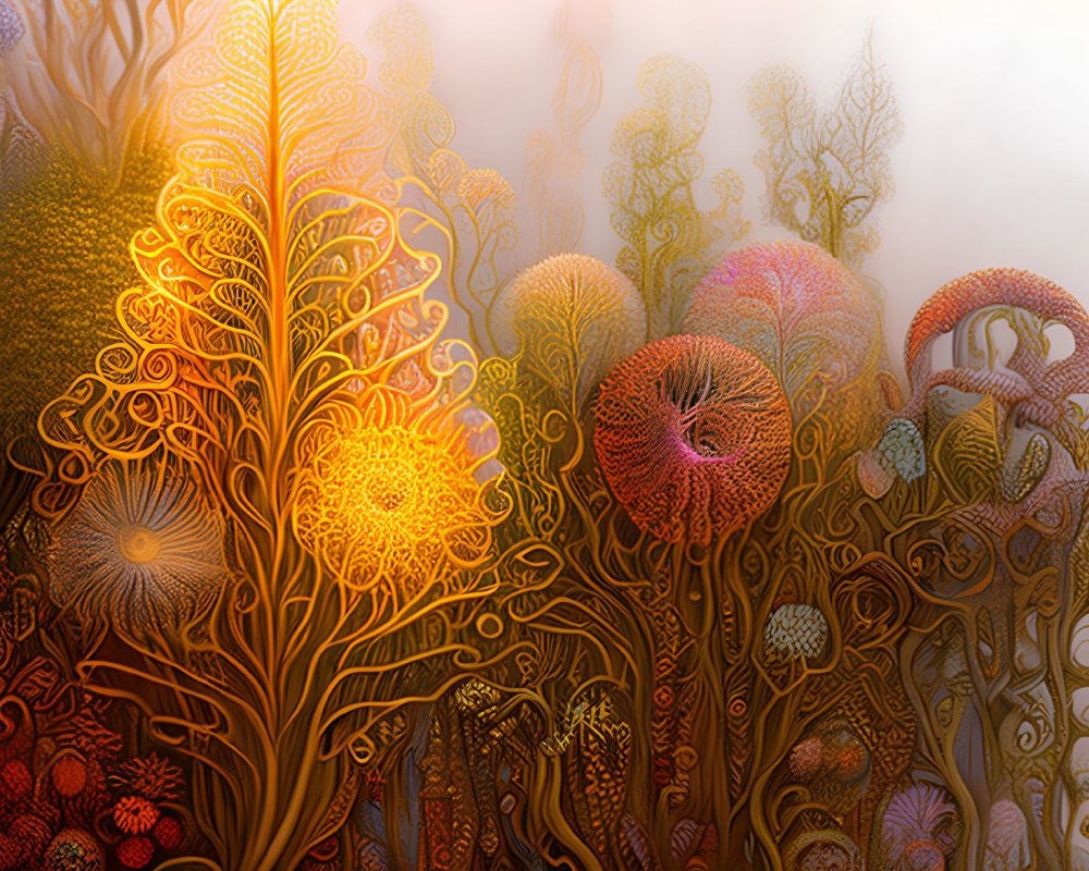 Fantastical forest digital artwork with glowing tree-like structures