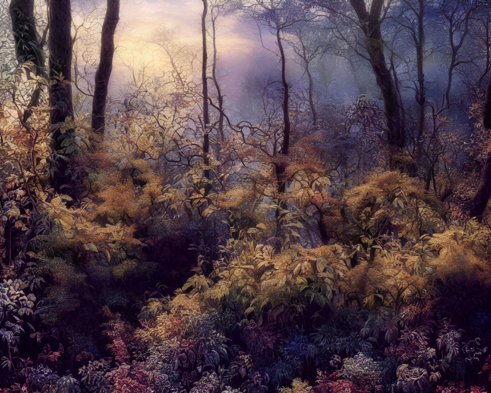 Twilight forest with purple and gold foliage under soft glowing sky