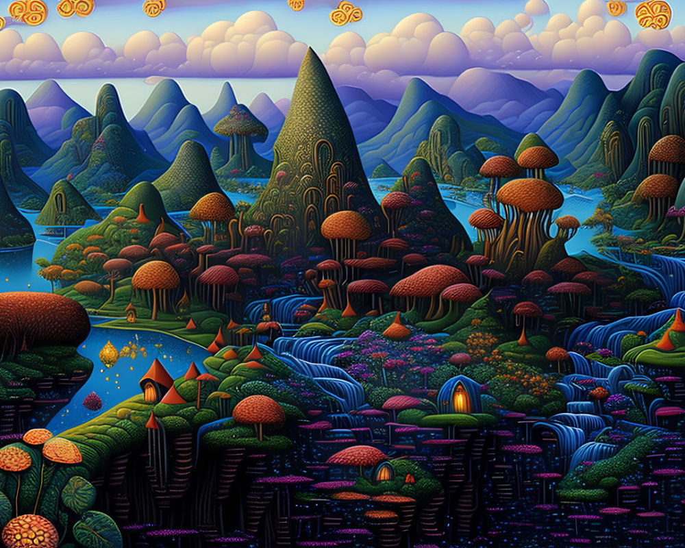 Fantasy landscape with mushroom trees, waterfalls, colorful flora, whimsical hills