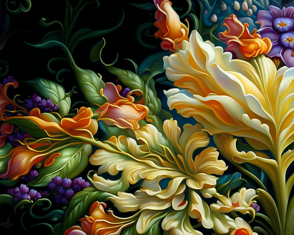 Colorful digital artwork of stylized flowers in vibrant hues on dark background