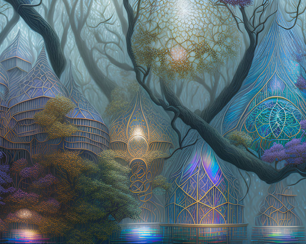 Luminescent forest with whimsical treehouses by tranquil water