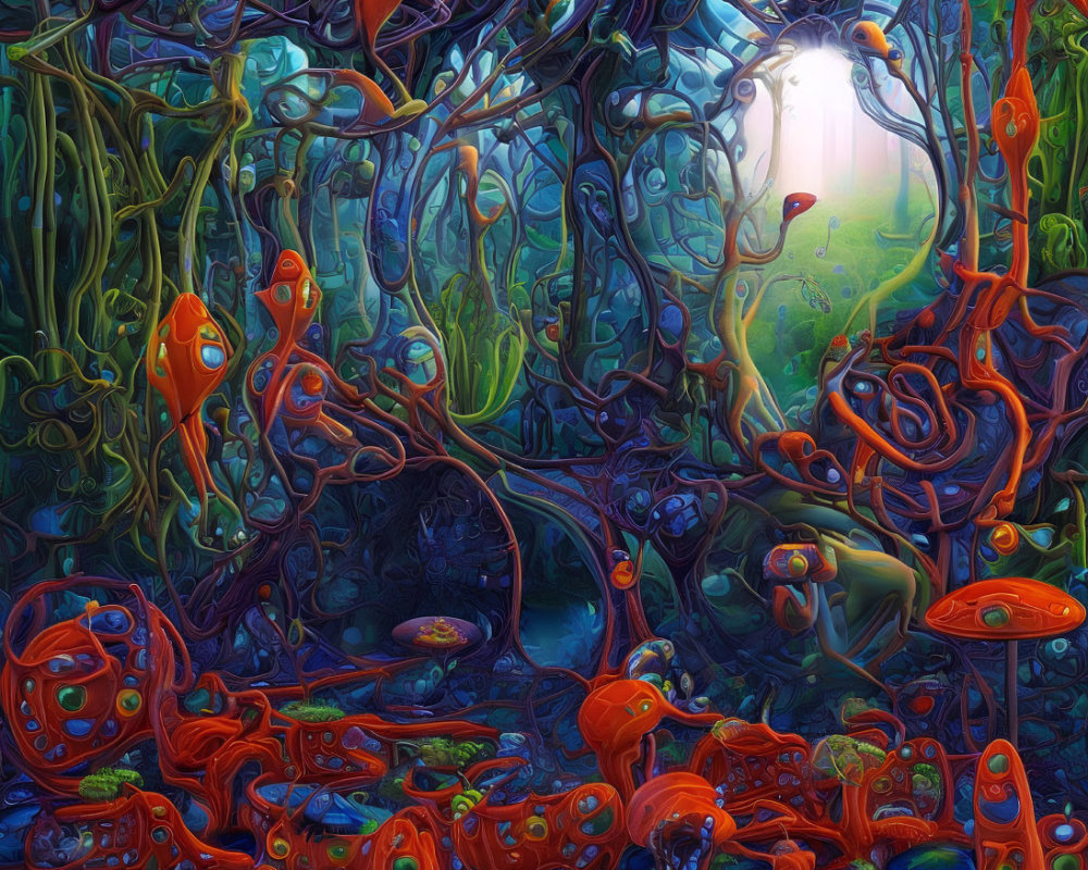 Surreal forest with twisted trees and radiant blue and red plant life