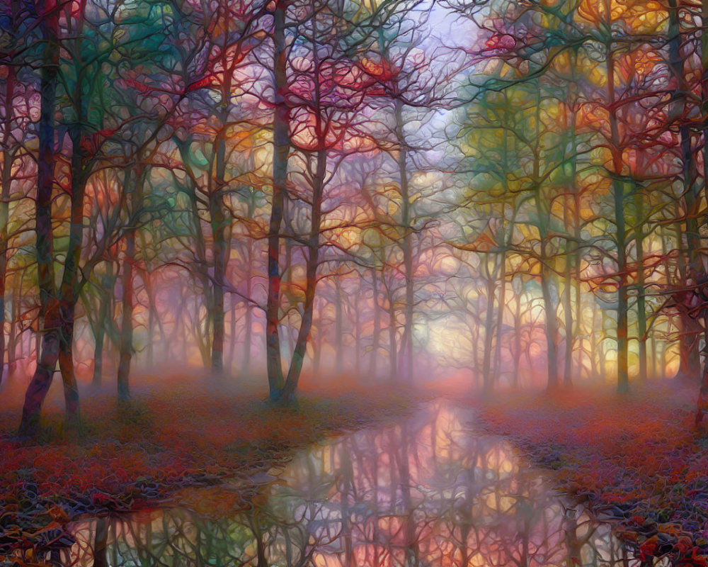 Multicolored Trees Reflecting on Serene Water in Dreamlike Forest