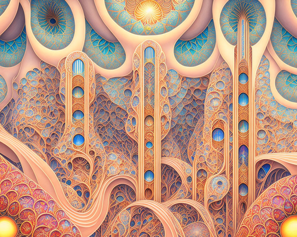 Symmetrical Fractal Art: Circular Patterns & Towering Structures in Pink, Blue, and Gold