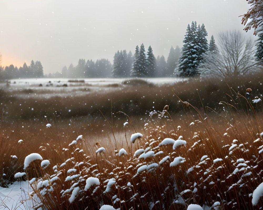 Snowy landscape at dusk with snow-covered plants and distant trees under hazy sky