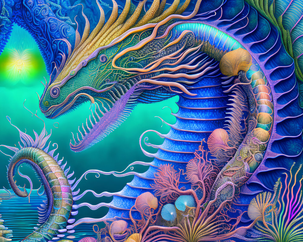 Colorful Mythical Sea Dragon Illustration with Underwater Flora