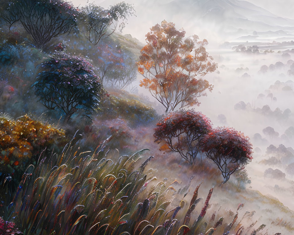 Misty hills, colorful foliage, and tall grasses in serene landscape