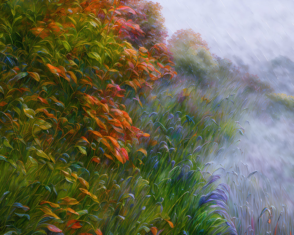 Colorful Impressionistic Painting of Rain-Soaked Foliage