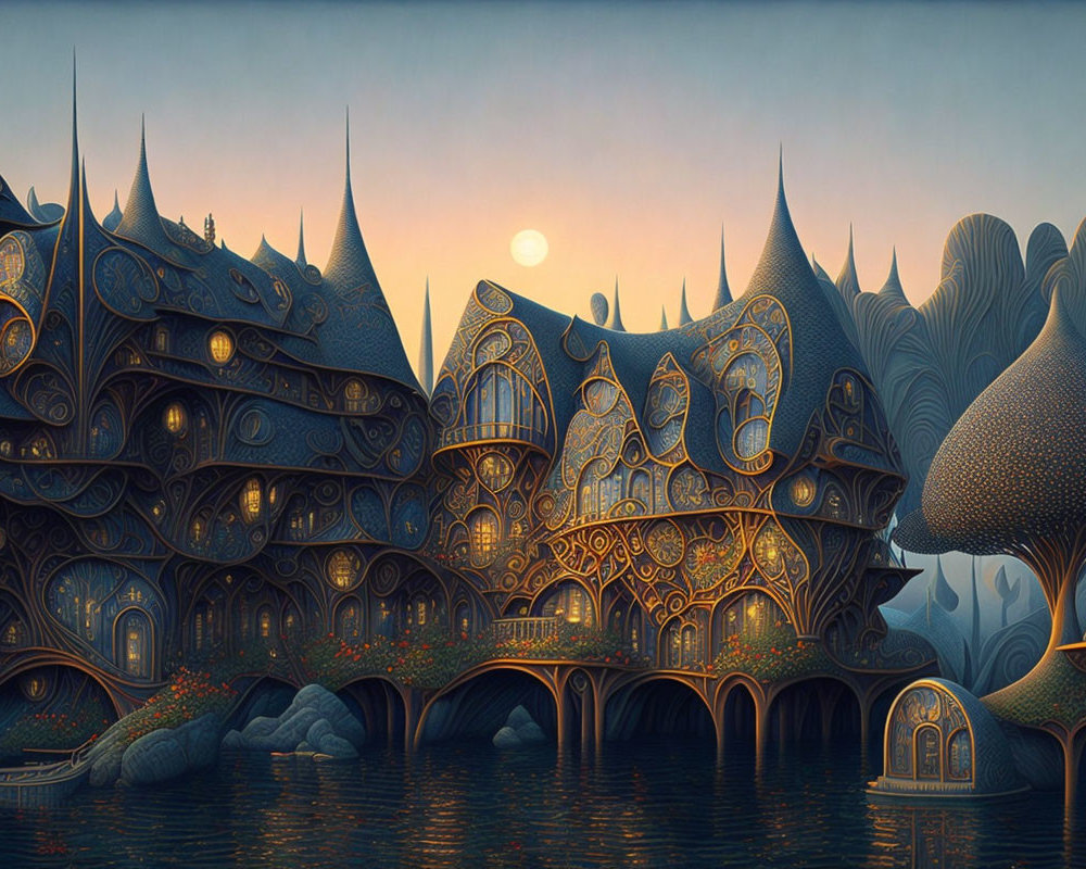 Fantasy landscape at dusk with ornate buildings, river, and stylized trees