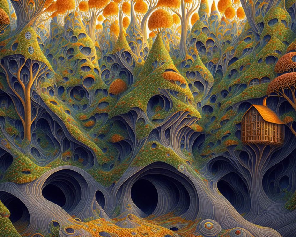 Fractal landscape with mushroom-like structures and a cabin on a ledge