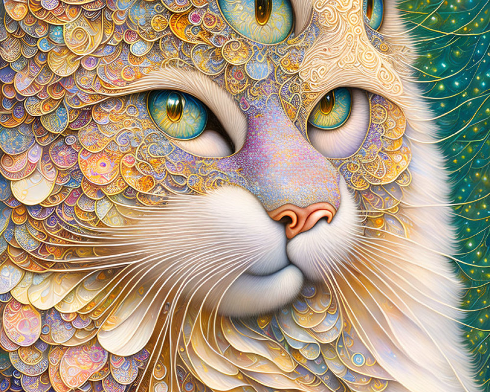 Detailed colorful cat illustration with intricate patterns and textures against stylized trees