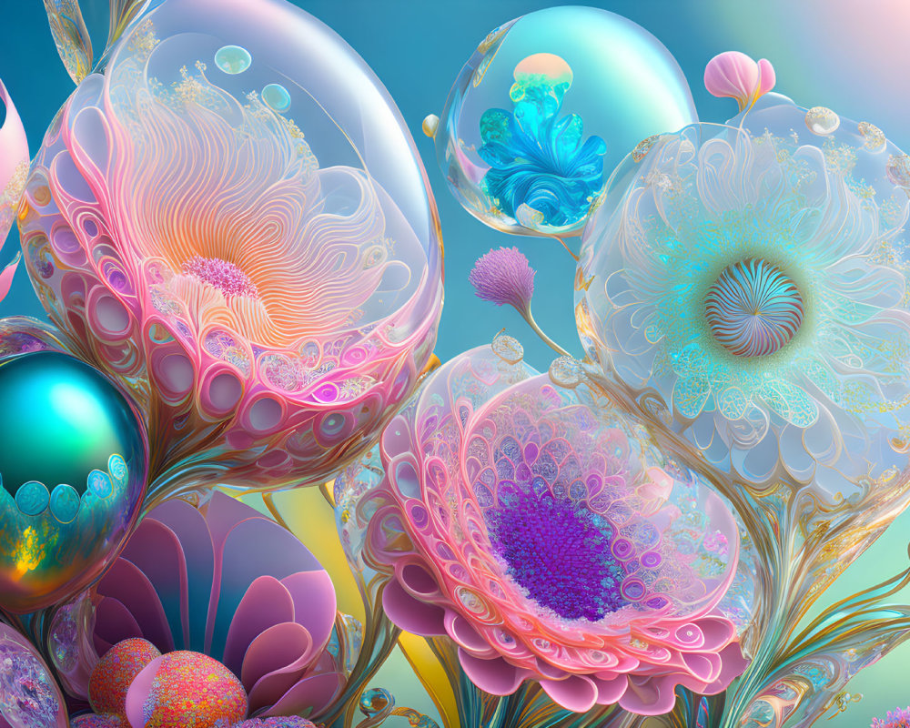 Colorful Fractal Art: Flower-like Forms on Blue Background