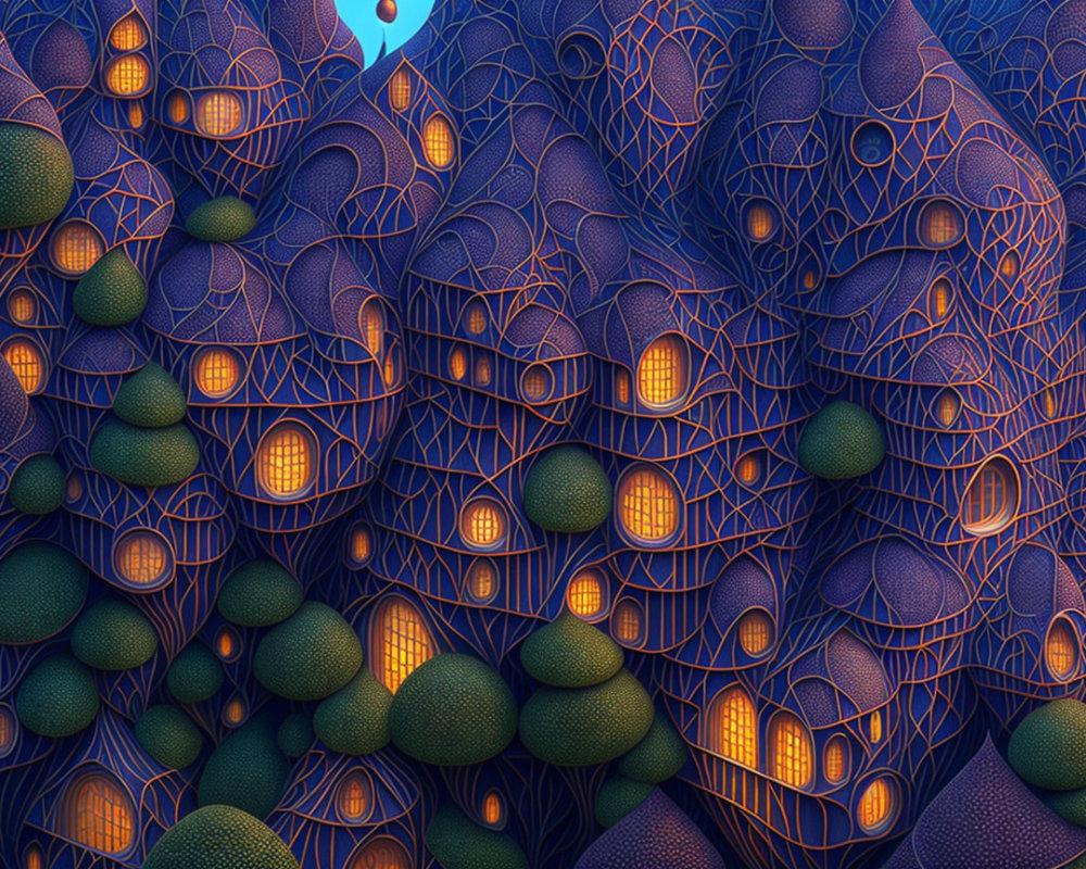 Surreal landscape featuring patterned hills, glowing orbs, and intricate blue designs on dark background