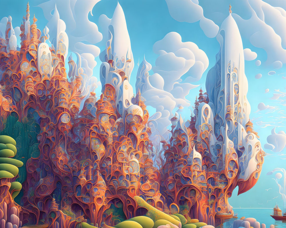 Fantasy landscape with castle-like structures and fluffy clouds.