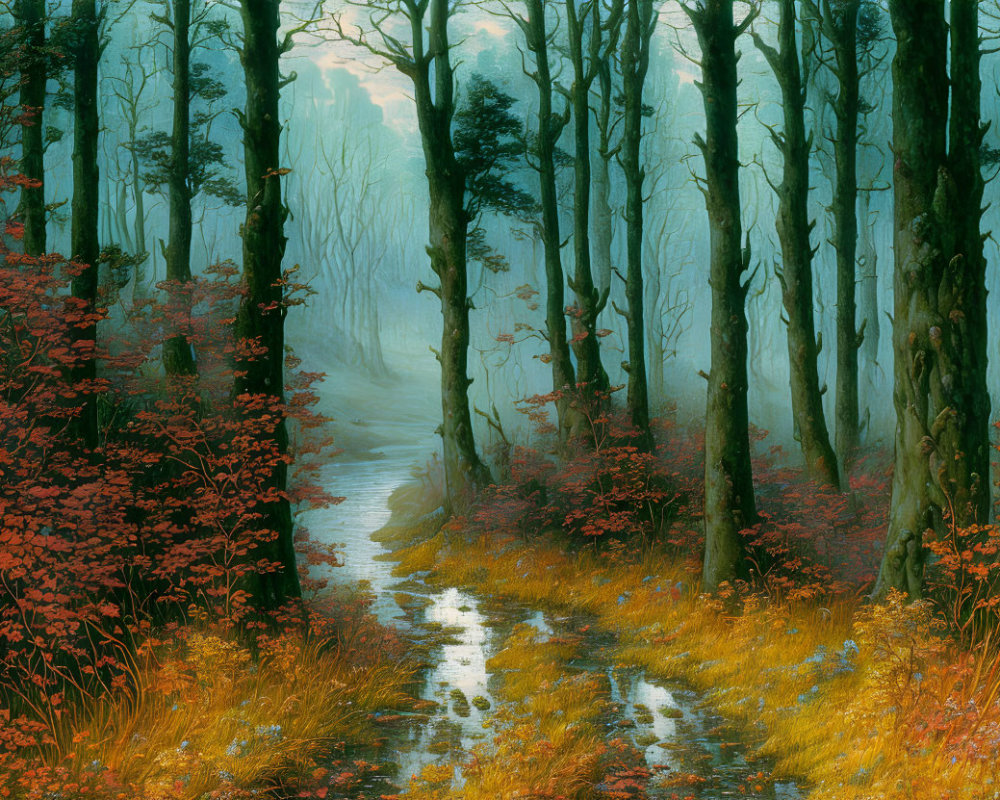 Autumnal forest path with mist and puddles