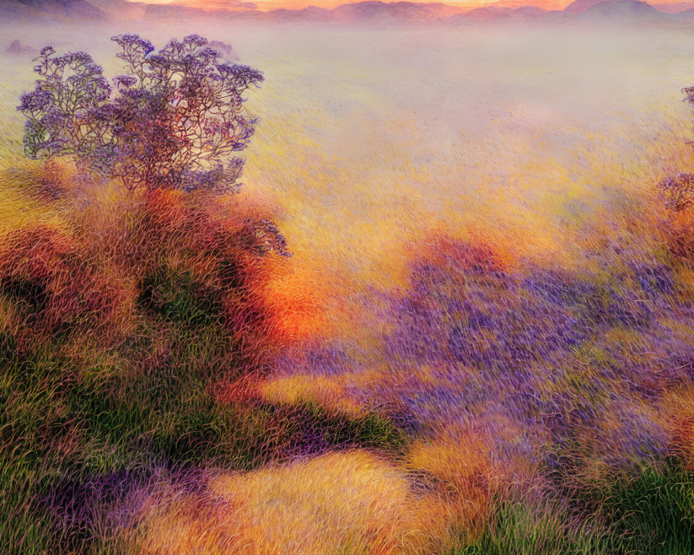 Misty field landscape with warm hues and single tree