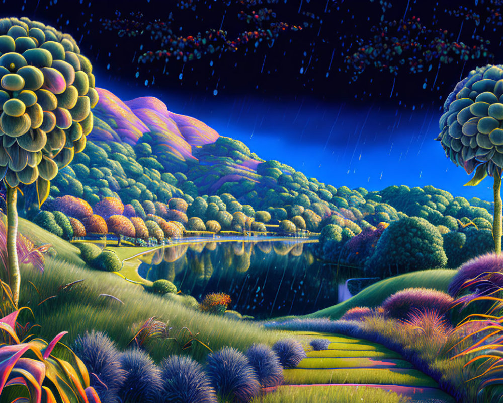 Colorful Stylized Landscape with Round Trees and Reflective Lake