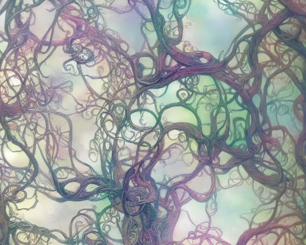 Ethereal intertwining branches on pastel background