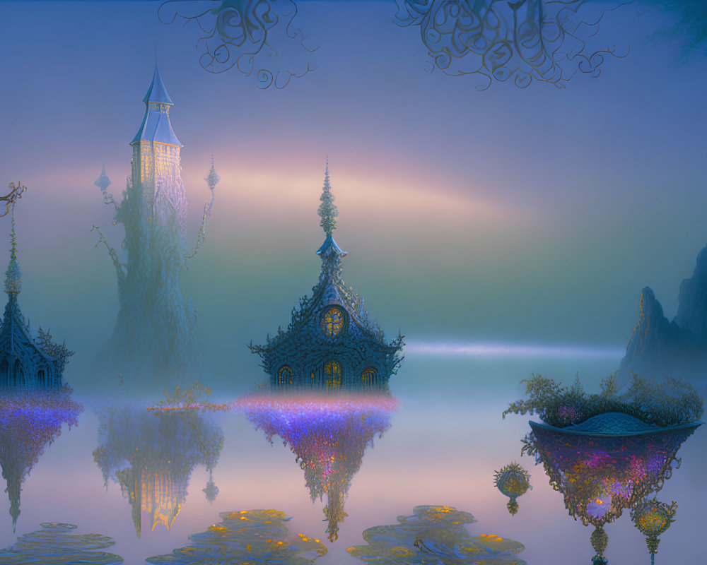 Mystical landscape with ethereal buildings and floating structures reflected in tranquil water